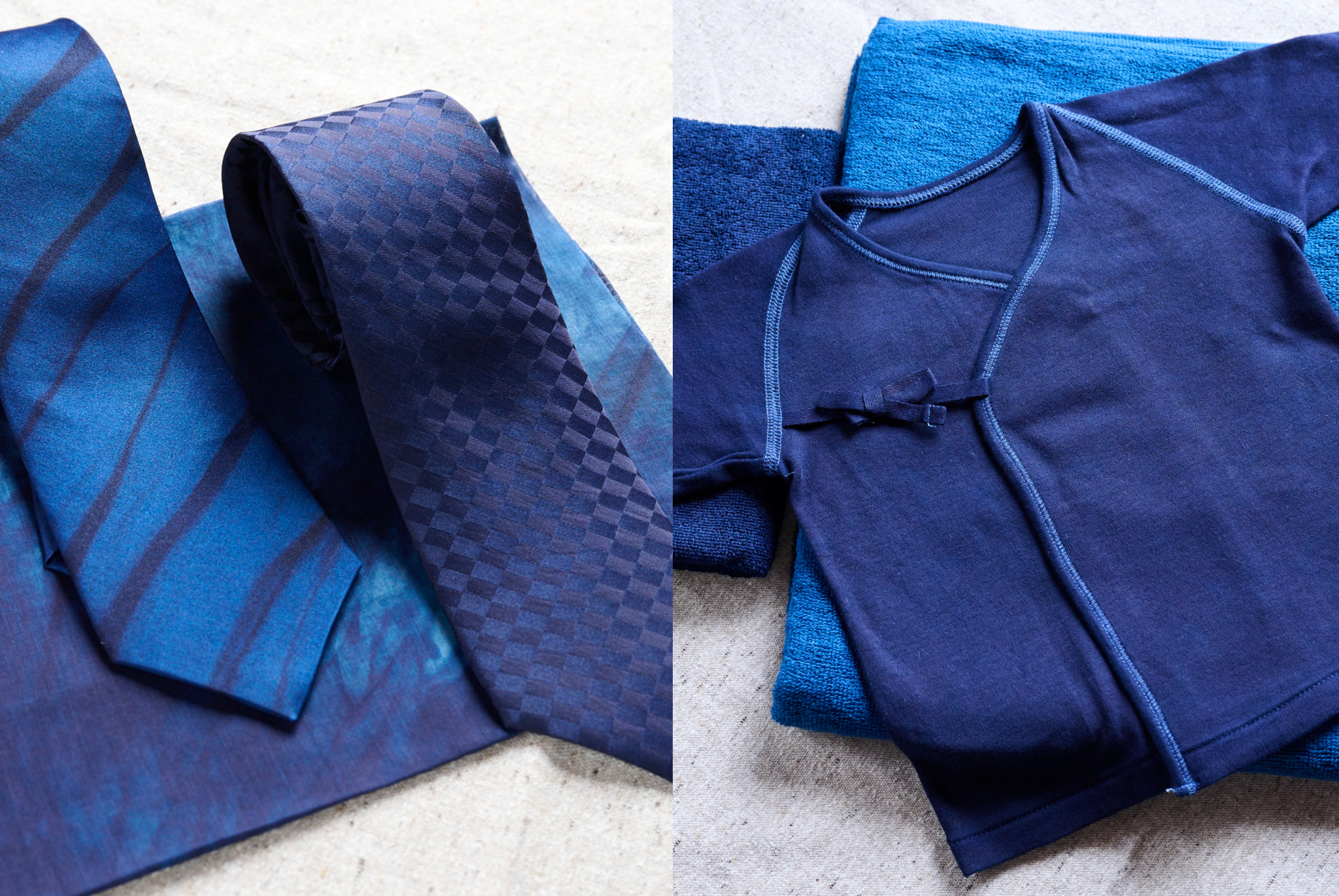 Photo of indigo-dyed items, from jackets, shirts, and ties to everyday necessities like handkerchiefs and towels