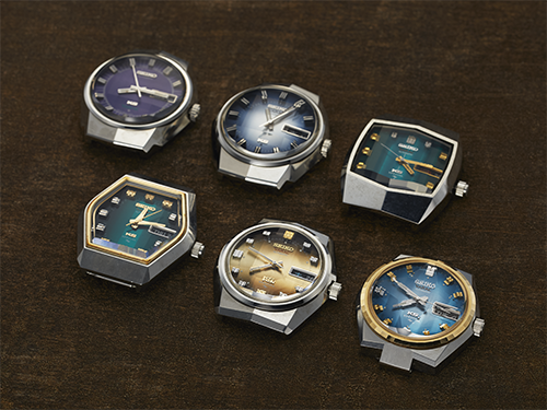 Modelos King Seiko VANAC dos anos 70 com cores vibrantes e formas facetadas.