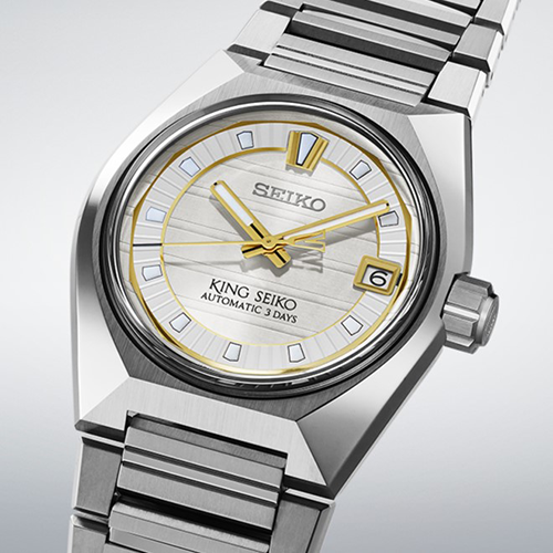 Relógio King Seiko VANAC SLA087J1 com mostrador prateado e dourado inspirado em Tóquio ao nascer-do-sol..
