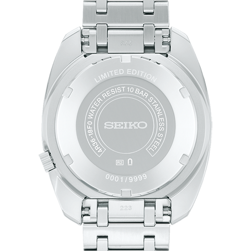 Tampa gravada com o número de série do relógio Seiko 5 Sports SRPL93.