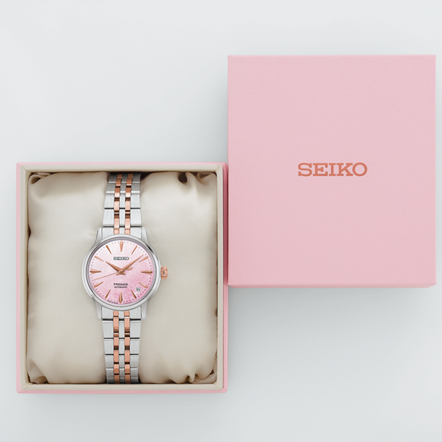 Estojo especial rosa do relógio feminino Seiko Presage Cocktail Time, edição limitada STAR BAR Sakura Aviation SRPM06J1.