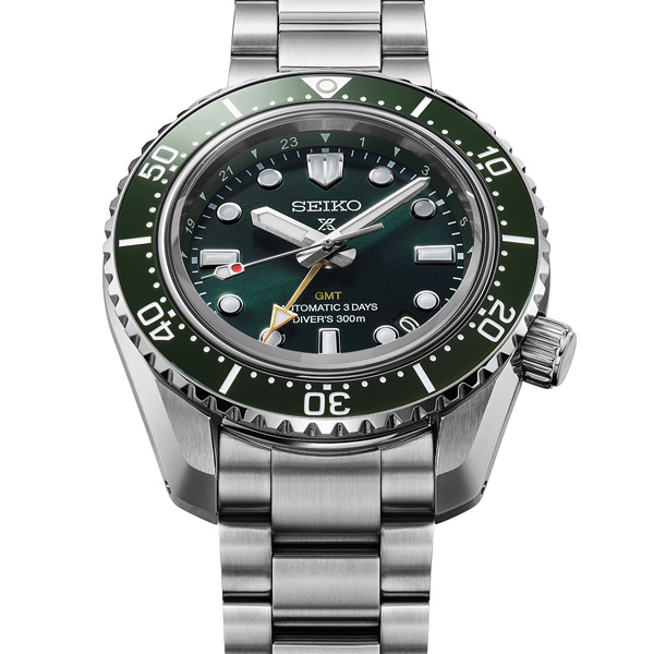 Perspectiva frontal do relógio de mergulho Seiko Prospex HBC001J1, Diver's Histórico de 1968 com GMT.